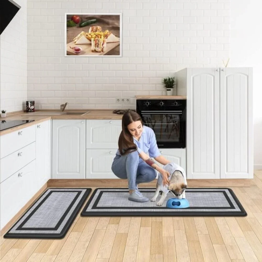2 Pcs Cushioned Anti-Fatigue Kitchen Mats, Non-Skid Waterproof Rugs, Black/Gray